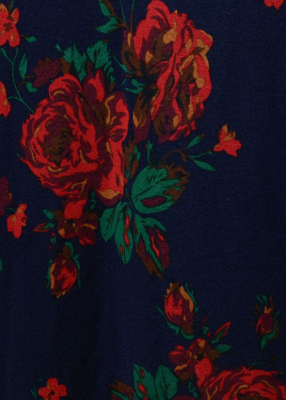 Navy V Neck Print Tie Waist Cotton Long Dress Spring