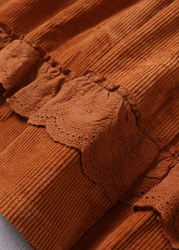 Orange Peter Pan Collar Patchwork Corduroy Maxi Dresses Winter