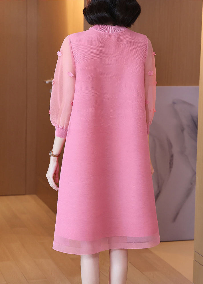 Pink Mandarin Collar Patchwork Maxi Dresses Summer