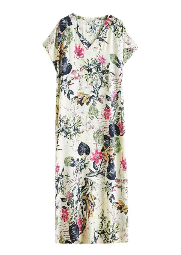 V Neck Print Cozy Maxi Dress Short Sleeve
