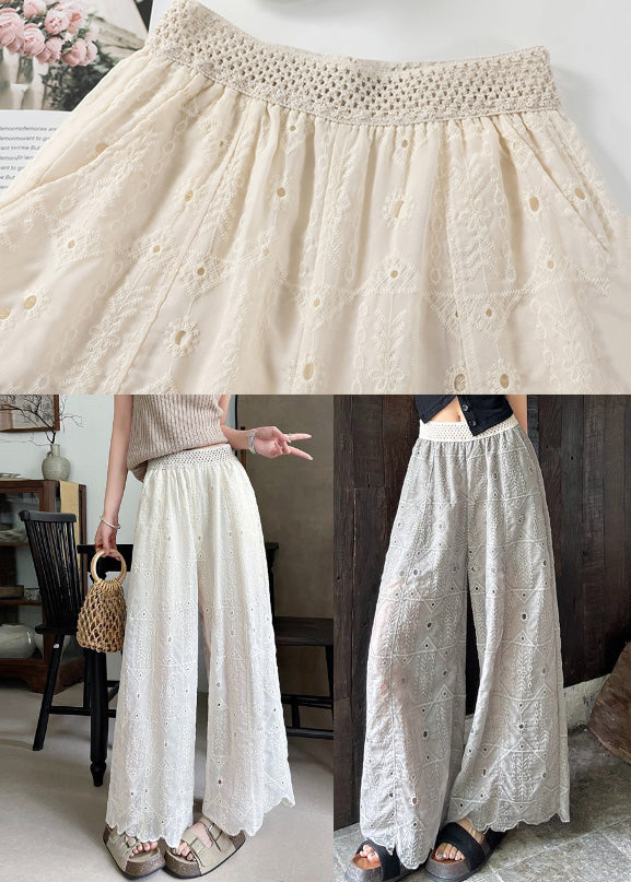 White Embroidered Hollow Out Cotton Pants Summer