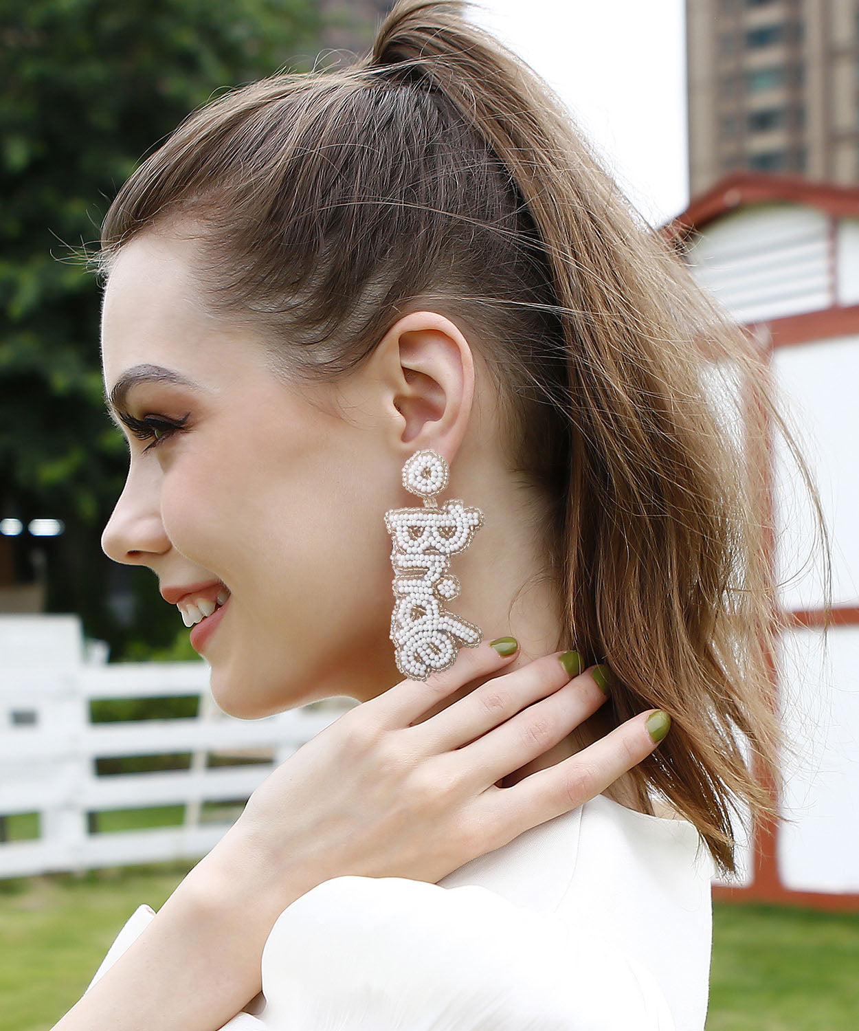 White Graphic Rice Ball Drop Earrings