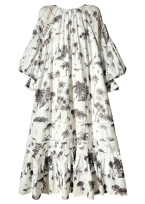 White O-neck Patchwork Print Exra Large Hem Long Dress Lantern Sleeve
