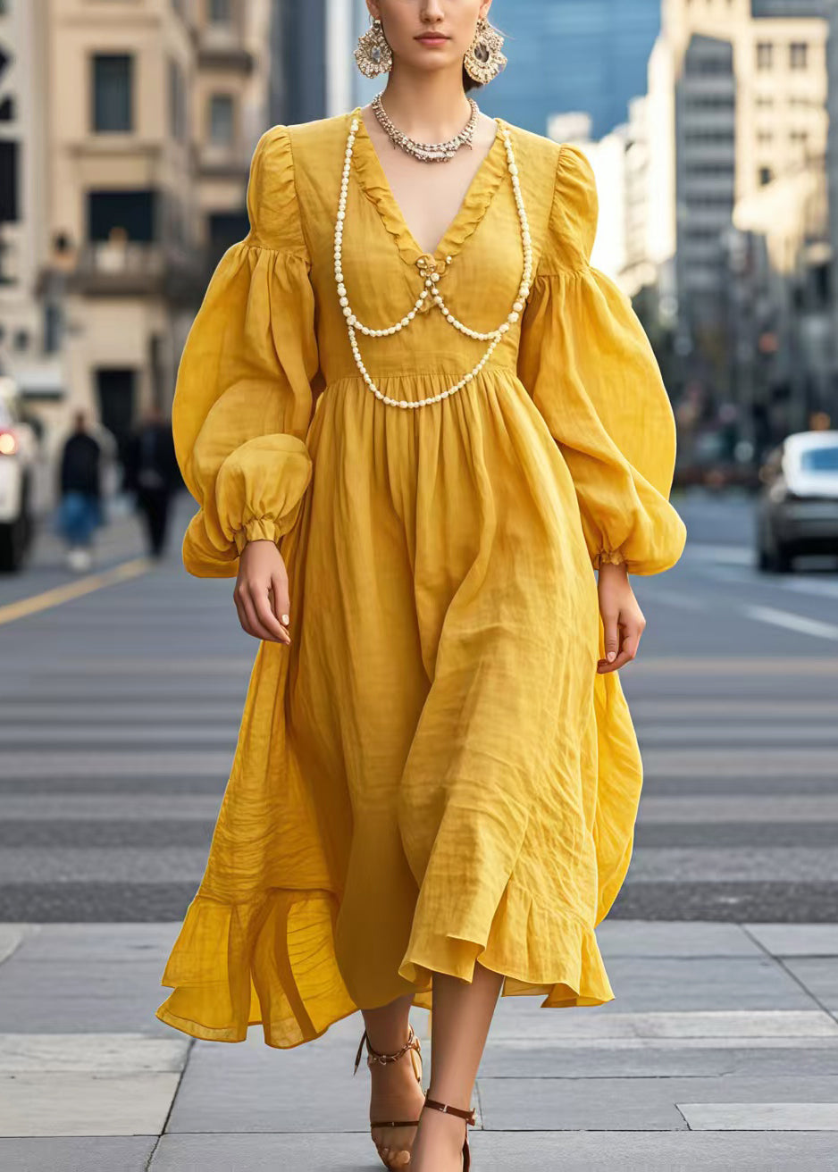 Yellow V Neck Nail Bead Cotton Long Dress Lantern Sleeve
