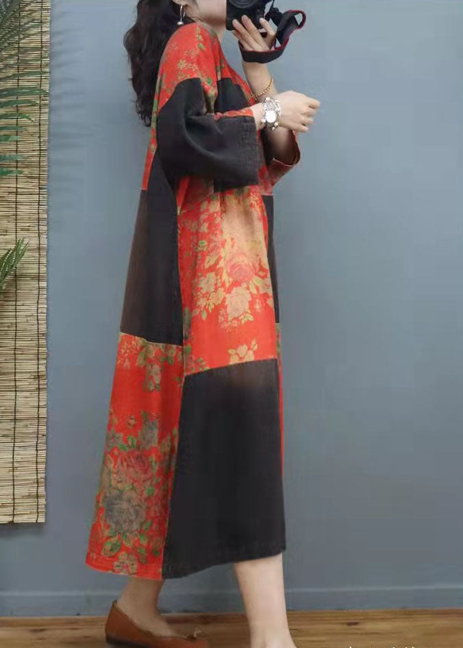Red Hooded Patchwork Cotton Party Dress Winter
