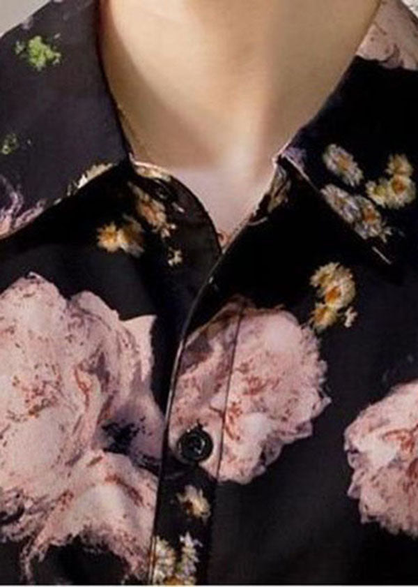 Boutique Black Peter Pan Collar Print Chiffon Blouse Tops Bracelet Sleeve