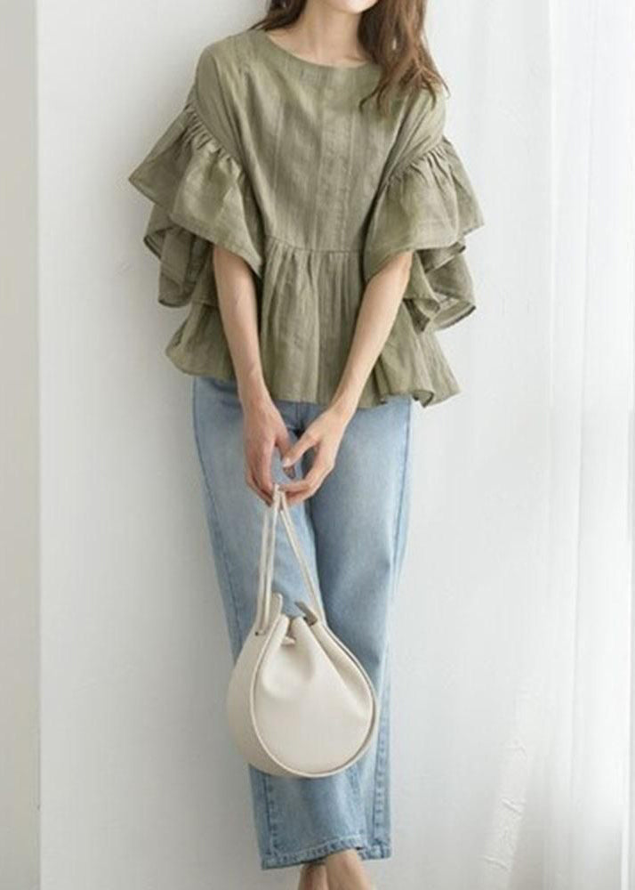 Boutique Green O-neck Patchwork Wrinkled Cotton a Line Blouse Tops Butterfly Sleeve