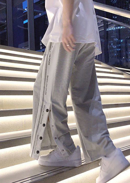 Boutique Grey Pockets Side Open Patchwork Cotton Pants Fall