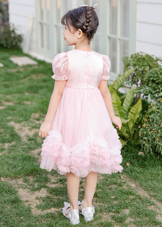 Boutique Pink Puff Sleeve Nail Bead Tulle Baby Mid Dress Summer