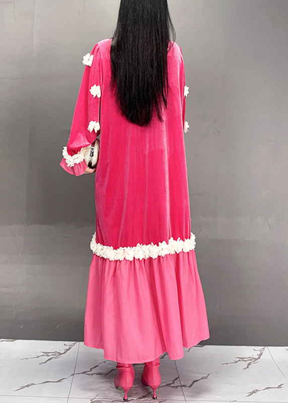 Boutique Red O-neck Embroidered Silk Velvet Long Dresses Spring