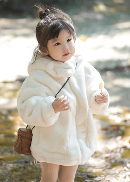 Boutique White Hooded Pockets Fluffy Coat Long Sleeve