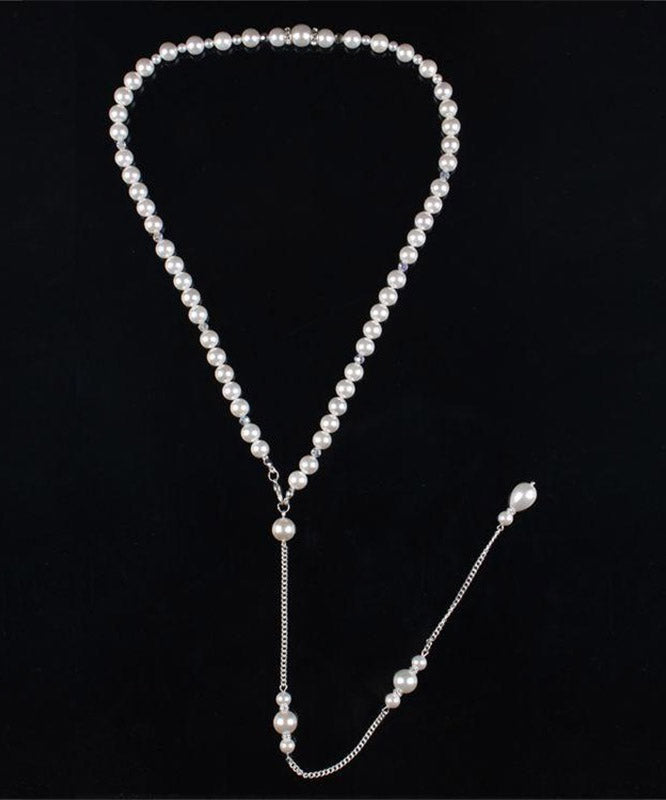 Boutique White Stainless Steel Pearl Chain Tassel Lariat Necklace Ya012