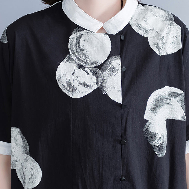 Brand Clothing Long Shirt Tops Black White Printed Cotton Blouses