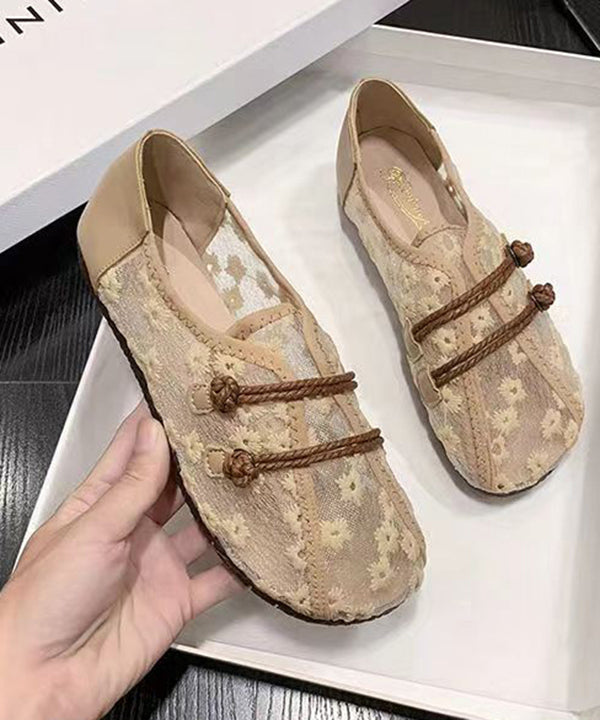 Breathable Mesh Khaki Flat Shoes Embroidery Splicing Soolinen Shoes-20251