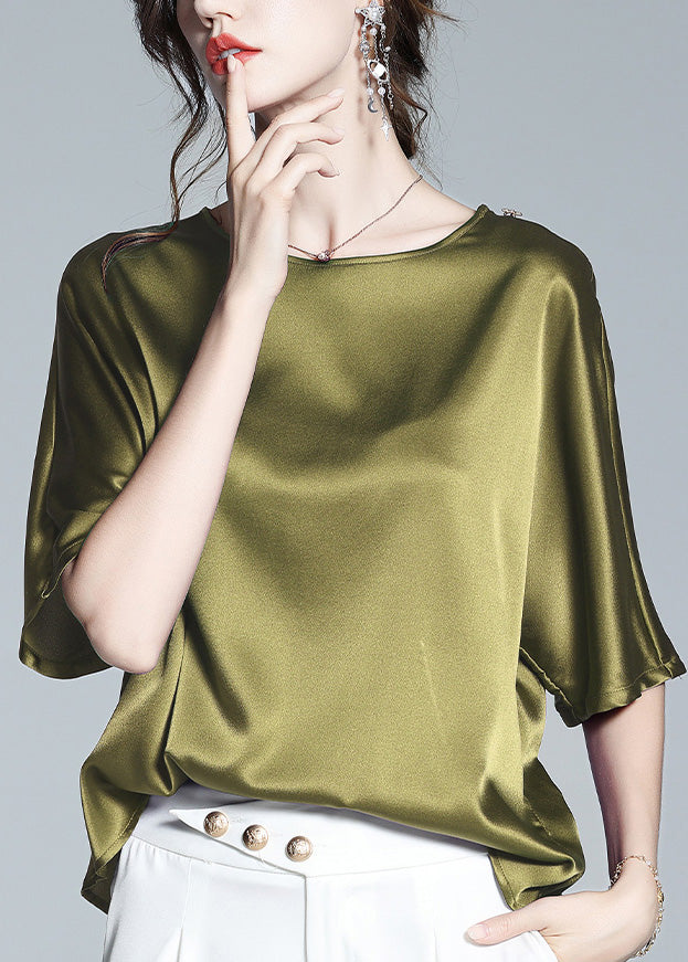 Brief Green O-neck Silk T Shirt Half Sleeve
