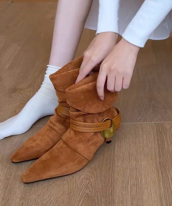 Brown Boots Suede Splicing Wrinkled Pointed Toe