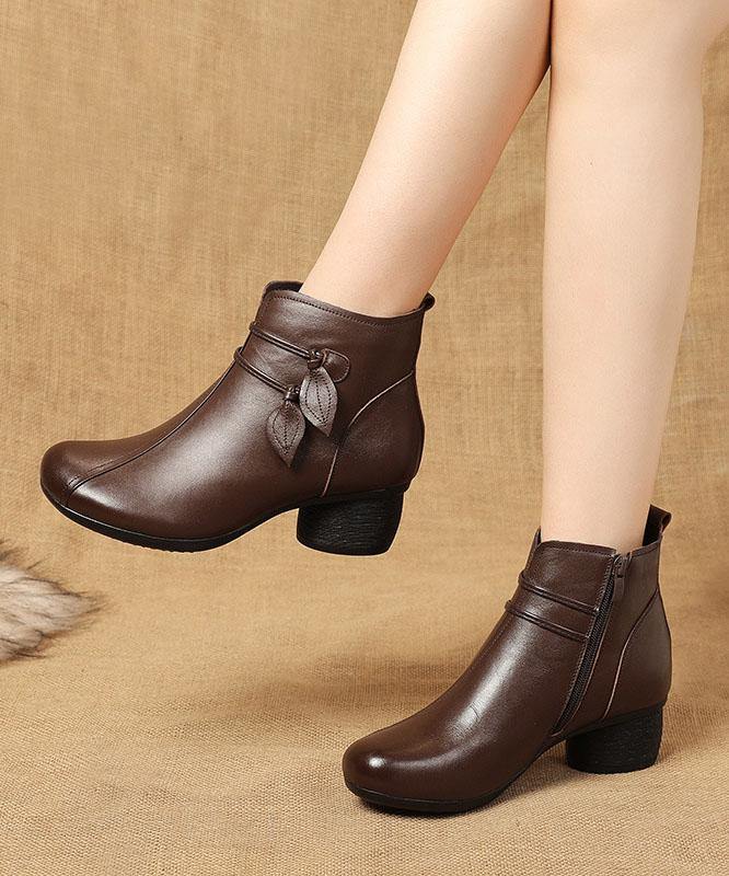 Brown Zippered Cowhide Leather Boots Splicing Boots