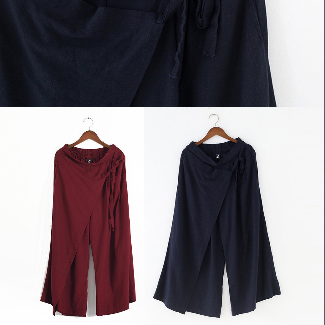 Burgundy Asymmetric Linen Crop Pants Oversize Wide Leg Pants Trousers