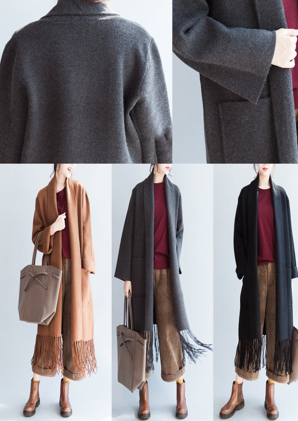 Camel Tasseled Maxmara Cashmere Coats Long Woolen Cardigans Warm Jackets Outwear