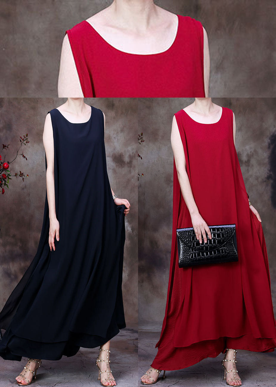 Black Asymmetrical Design Chiffon Long Dresses Sleeveless
