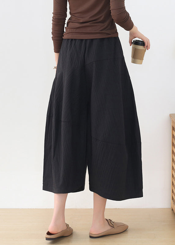Black Elastic Waist Pockets Linen Wide Leg Pants Fall