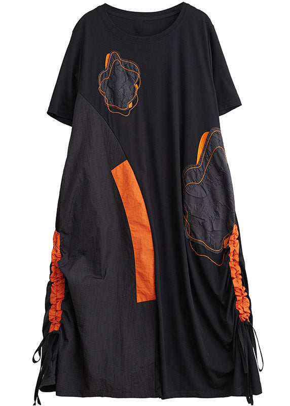 Black Embroideried Drawstring Long Dress Short Sleeve