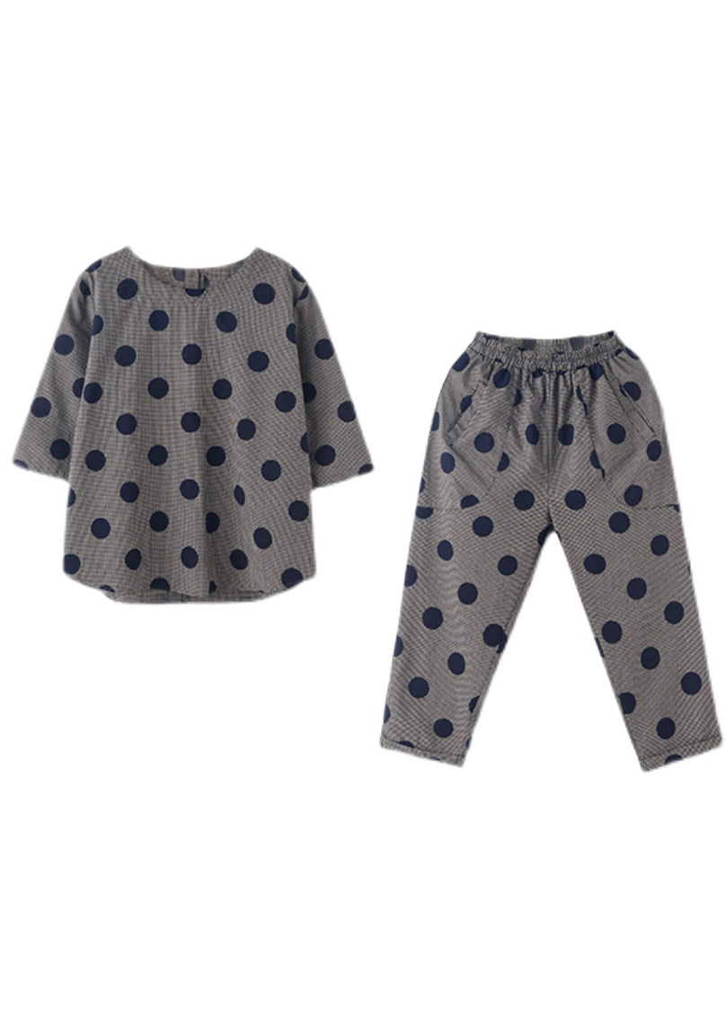 Black O-neck Button Plaid Dot Cotton Top Elastic Waist Pants Two Pieces Set Half Sleeve