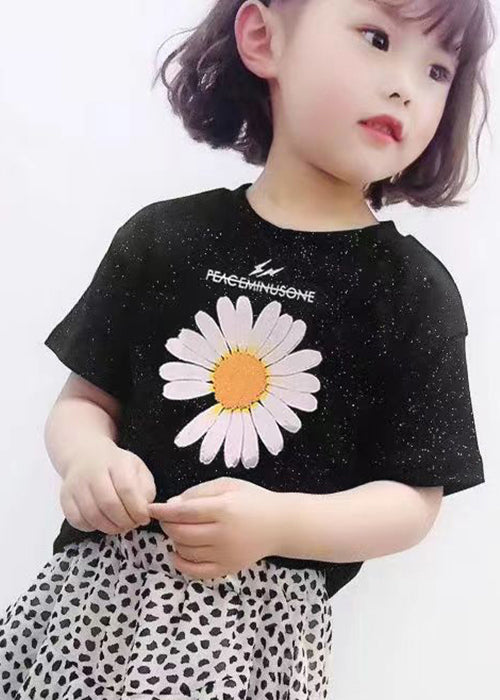 Black O Neck Print Cotton T Shirt Summer