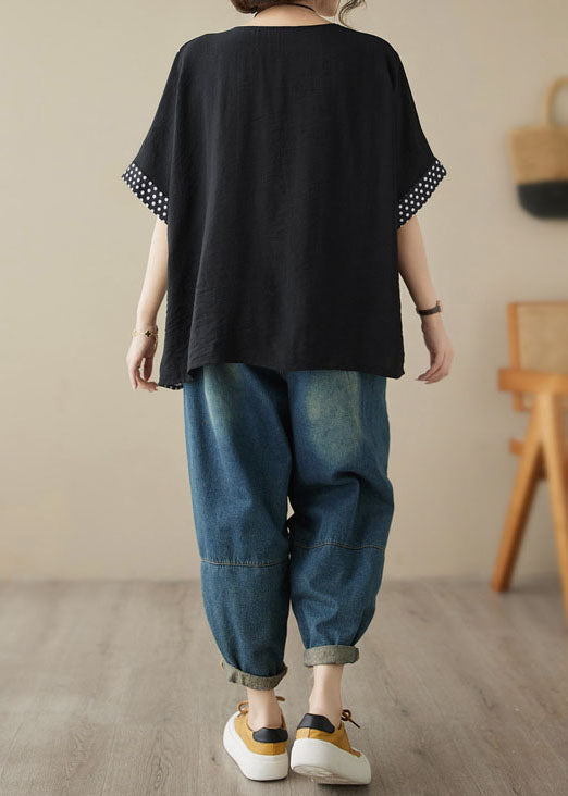 Black O Neck Print Patchwork Cotton T Shirt Tops Summer