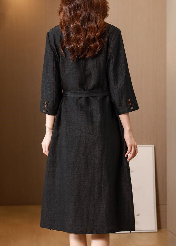 Black Peter Pan Collar Embroidery Patchwork Silk Cinch Trench Spring