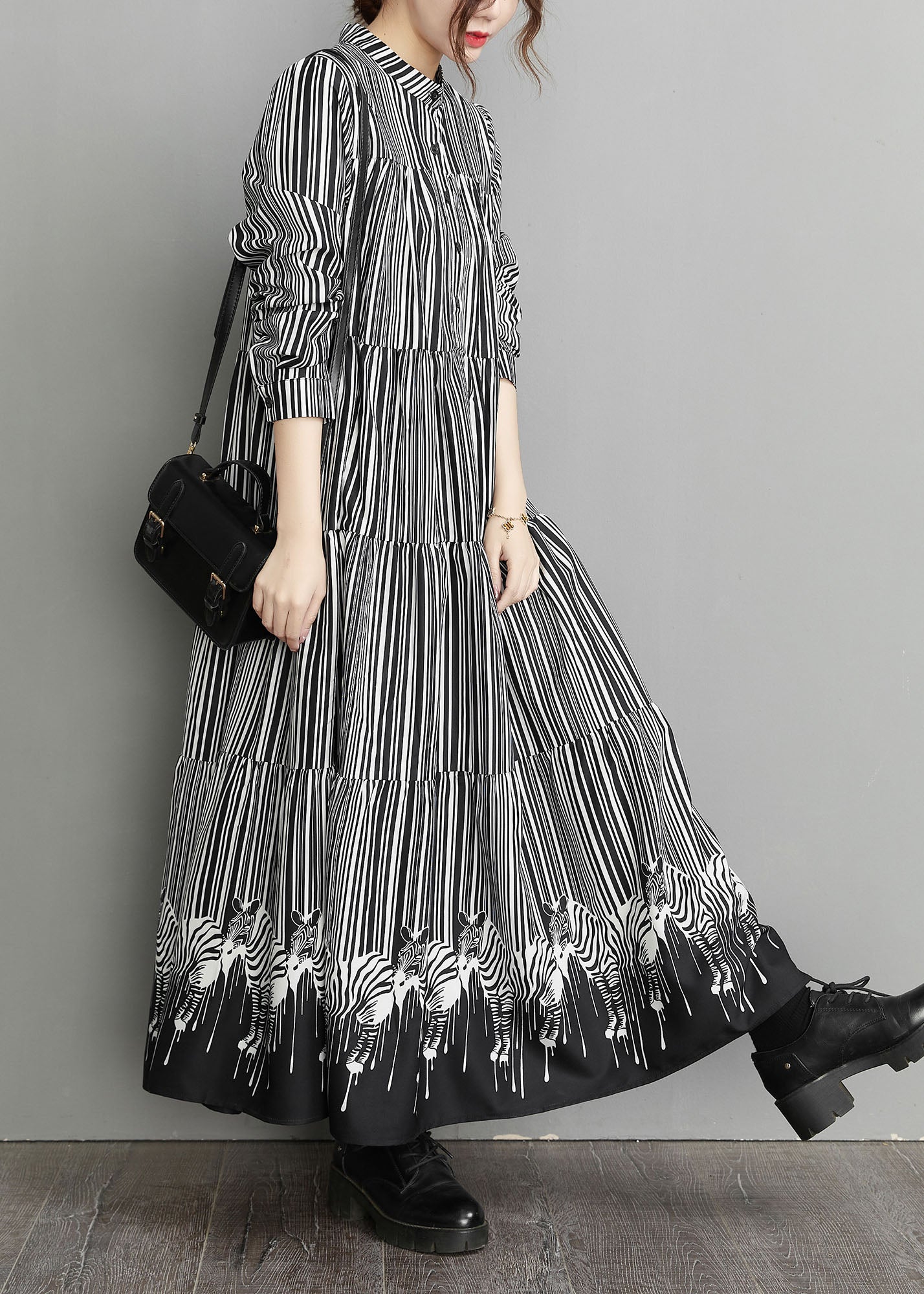 Black Peter Pan Collar Striped Patchwork Dress Spring