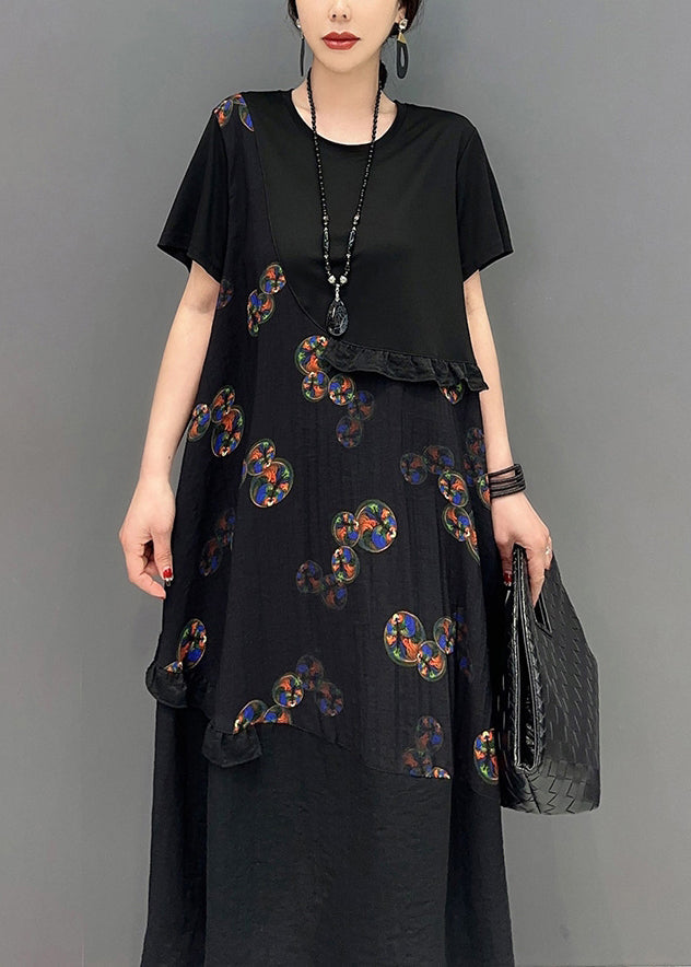 Black Ruffled Patchwork Holiday Dress Summer