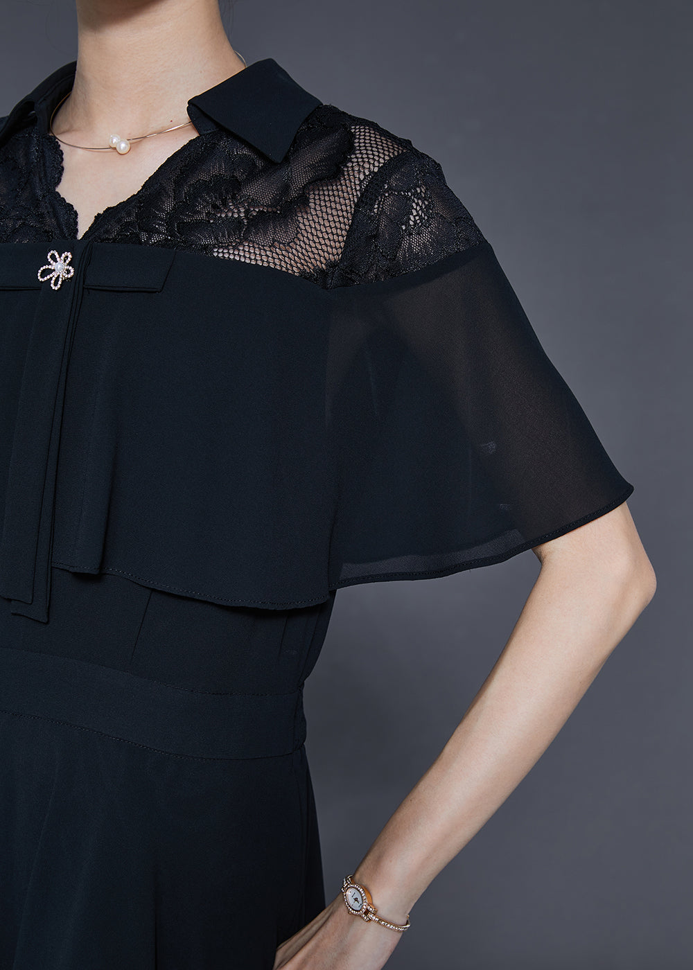 Black Silm Fit Exra Large Hem Chiffon Dress Cloak Sleeves