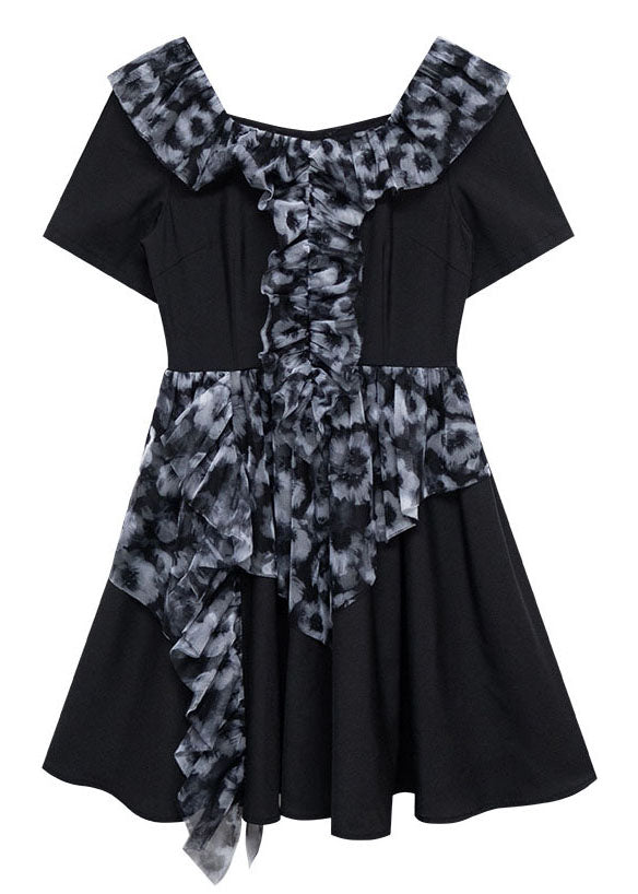 Black Square Collar Ruffled Patchwork Print Pleated Dress Short Sleeve