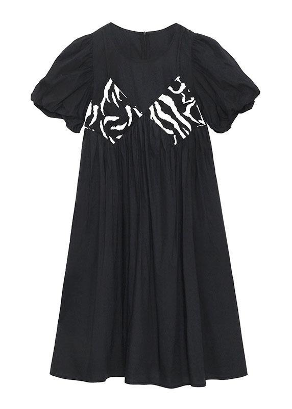 Black Striped Cotton O Neck Cinched Dress