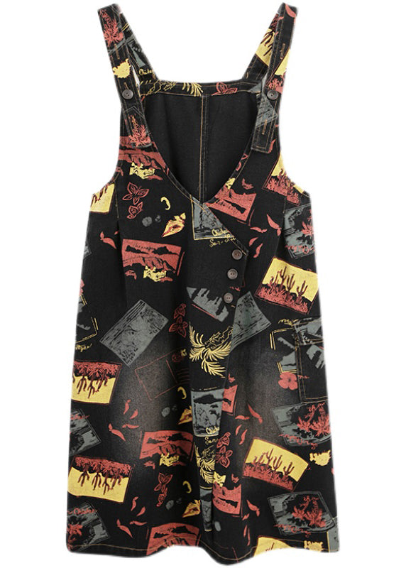Black V Neck Asymmetrical Button Print Strap Denim Dress Summer