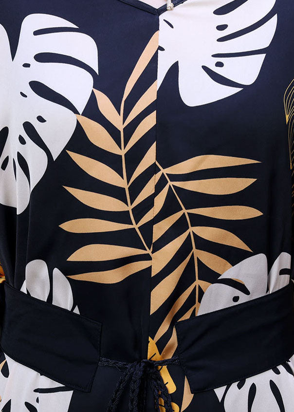 Black V Neck Print Side Open Sashes Silk Vacation Long Dress Bracelet Sleeve