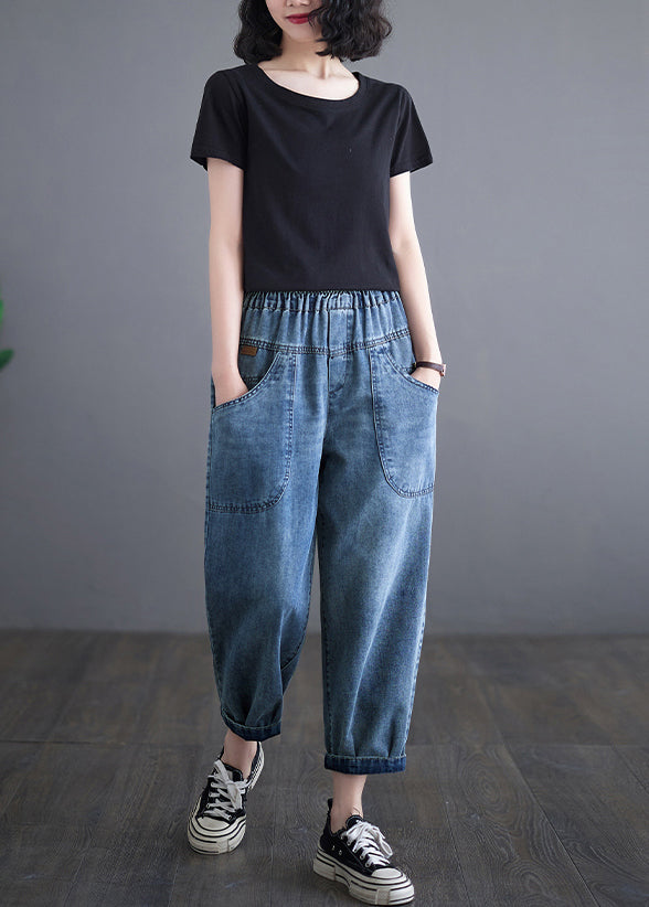 Blue Elastic Waist Pockets Denim Harem Pants Summer