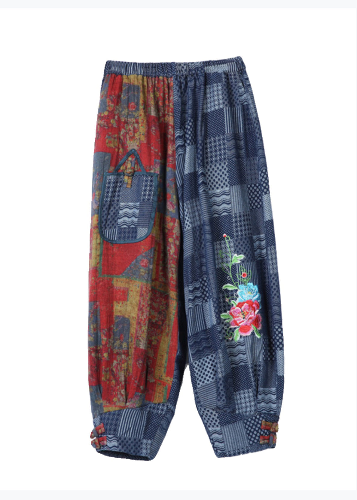 Blue Embroidered Pockets Patchwork Cotton Pants Spring