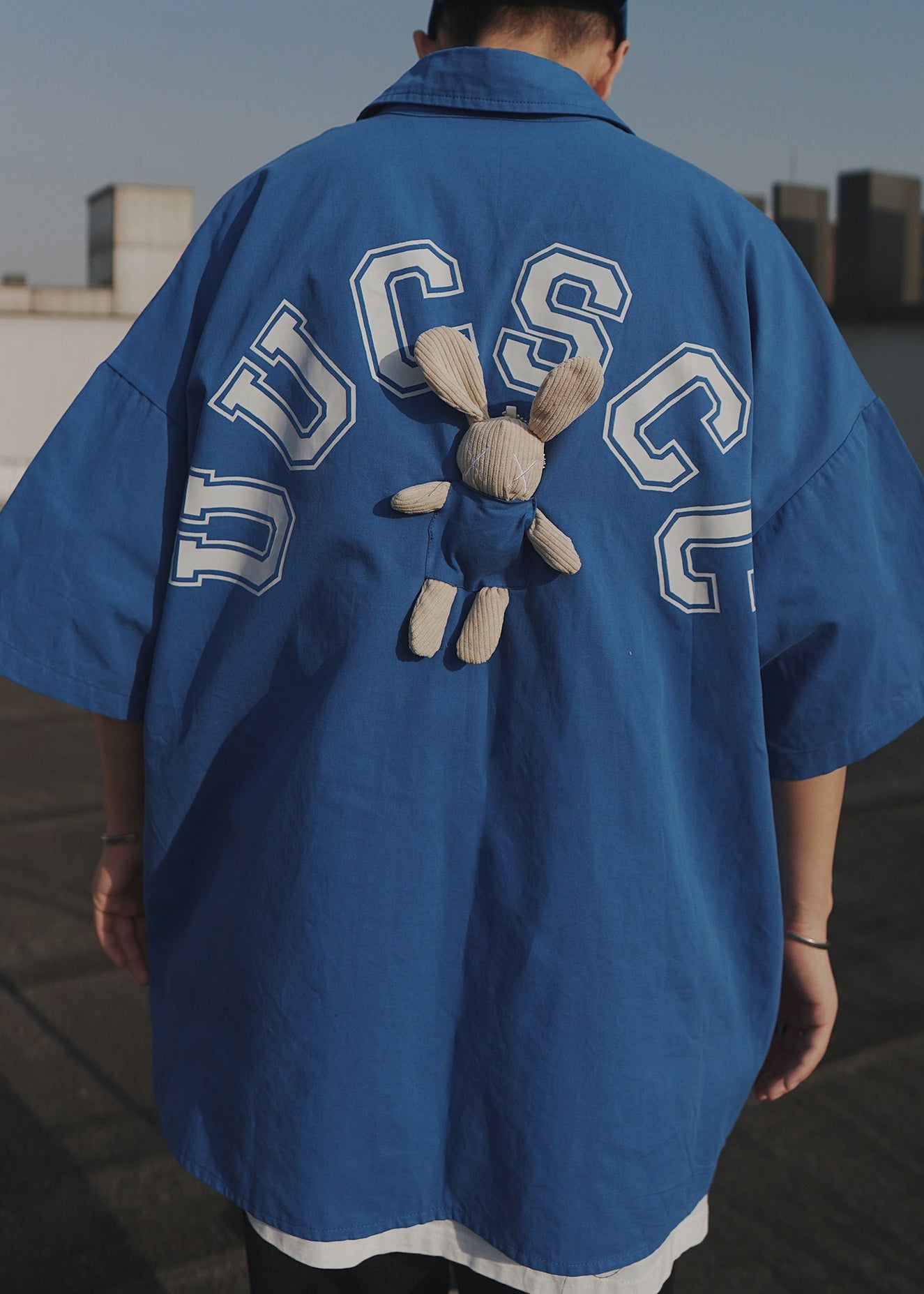 Blue Letter Oversized Patchwork Cotton T Shirts Half Sleeve