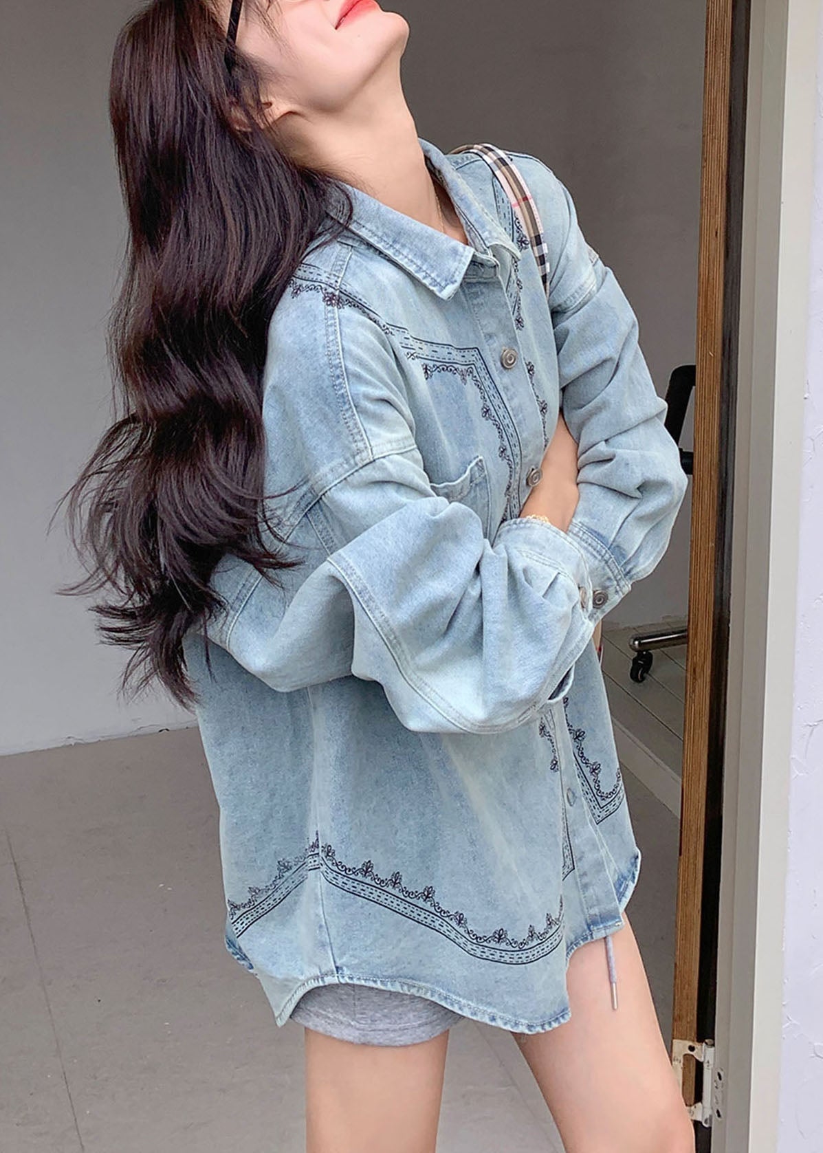 Casual Blue Peter Pan Collar Patchwork Button Denim Shirt Spring