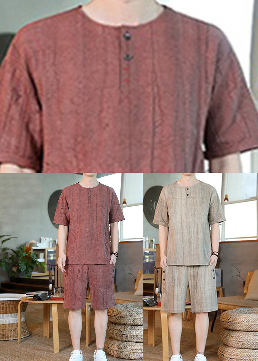 Brick Red Striped T Shirt and Shorts Two Pieces Set Summer