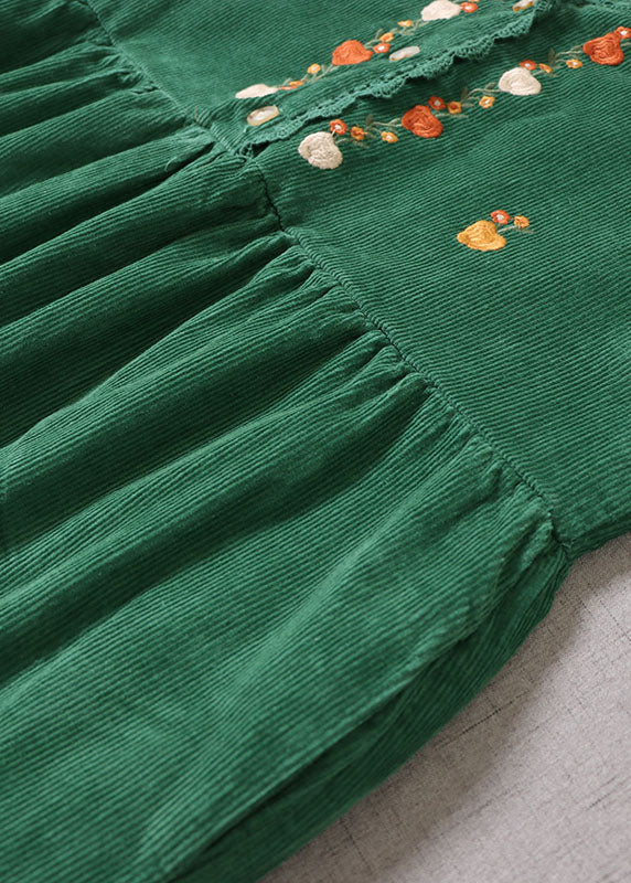 Green Embroideried Patchwork Corduroy Vacation Dresses Sleeveless