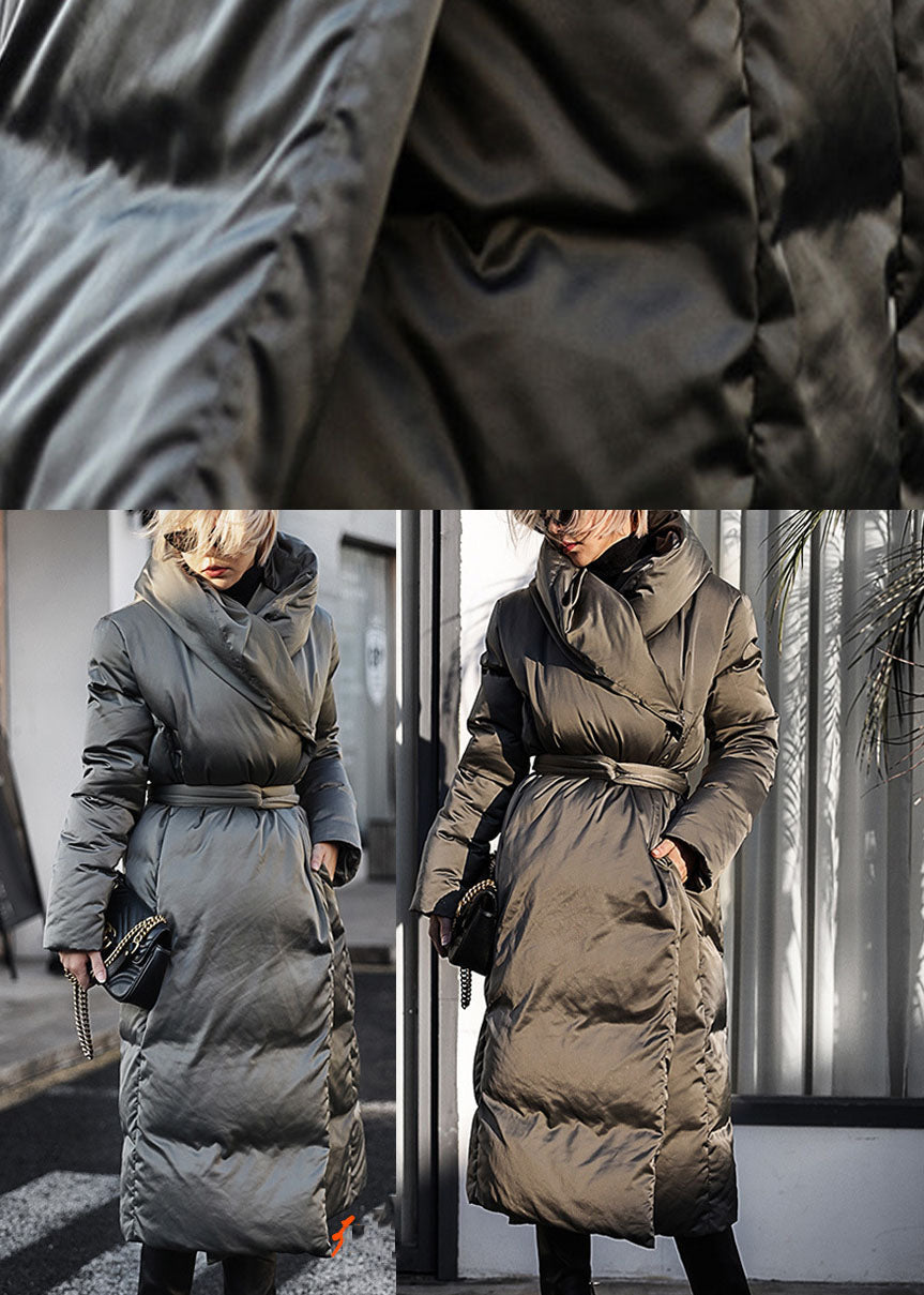 Green Loose Thick Tie Waist Winter Duck Down Coat