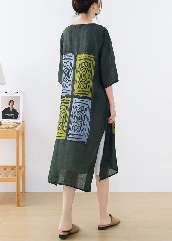 Green O-neck Side Open Print Linen Long Dresses Half Sleeve