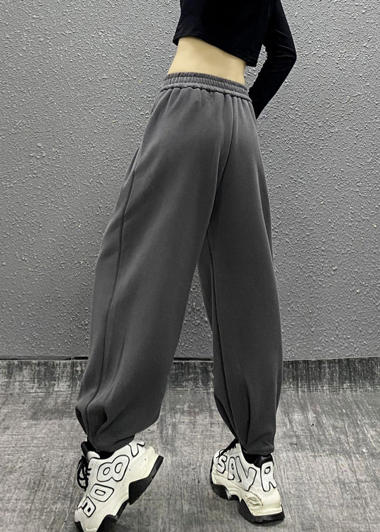 Grey Pockets Elastic Waist Cotton Beam Pants Spring