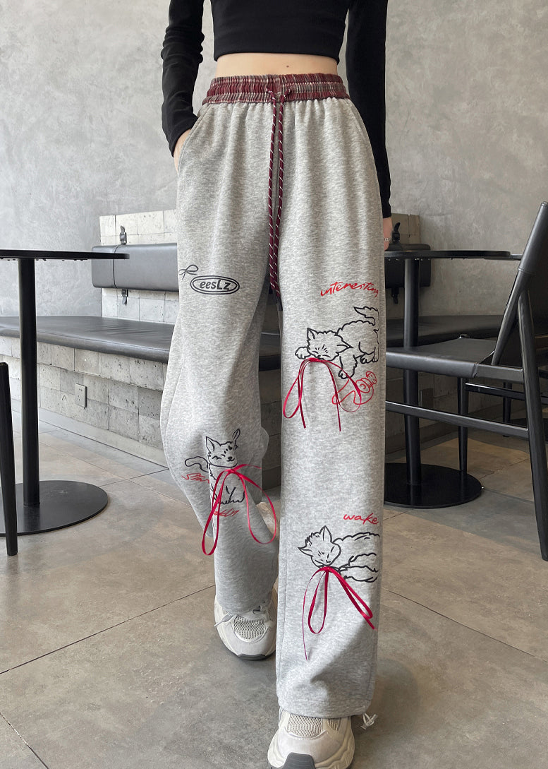 Grey Pockets Print Elastic Waist Cotton Pants Spring