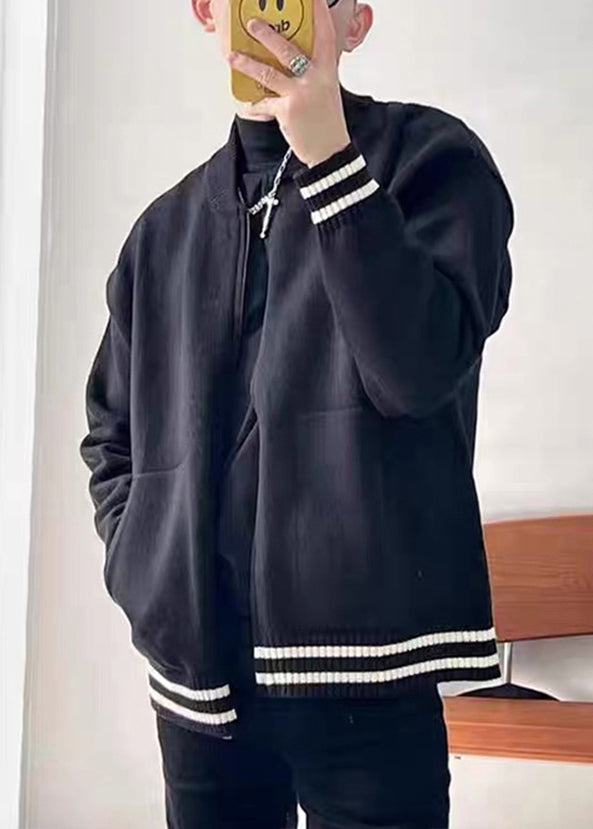 Grey Zip Up Striped Pockets Knit Coat Spring