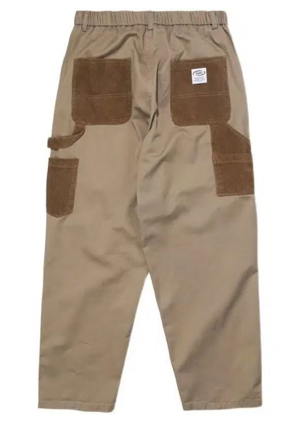 Khaki Pockets Drawstring Patchwork Cotton Pants Summer