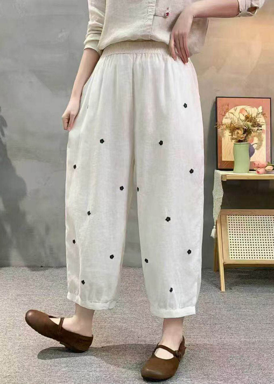 Khaki Pockets Elastic Waist Dot Print Linen Crop Pants Summer